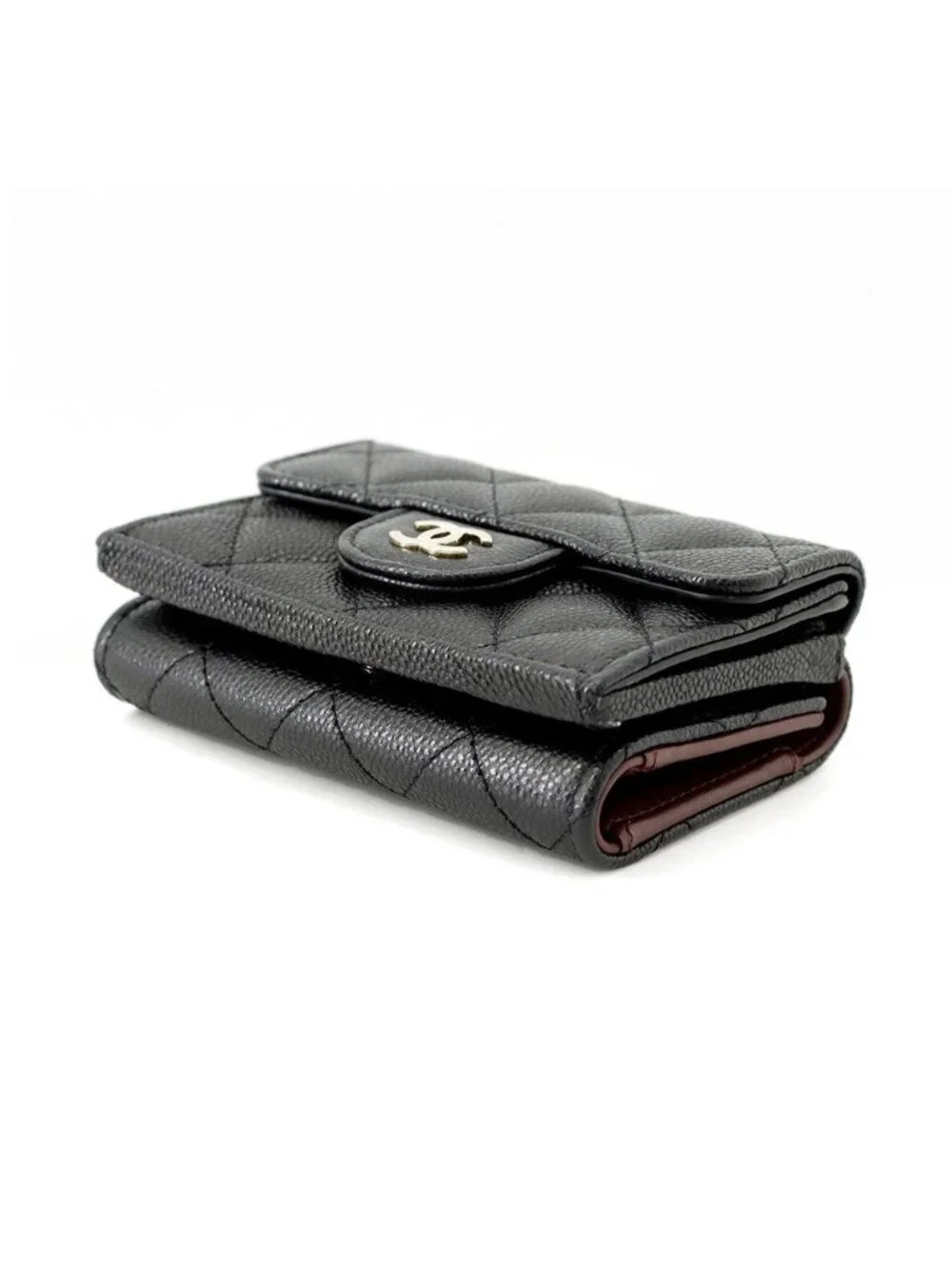Chanel Trifold Wallet Quilted CC Logo Classic Small Flap Caviar Leather Black